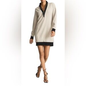 REISS Marci Half-Zip Knit Sweater Dress Oatmeal Black Colorblock Cashmere Blend